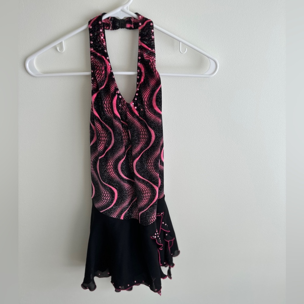 Figure Skating Dress Jazz Pink Black Velvet Chiffon Skirt Girls/Teen Large